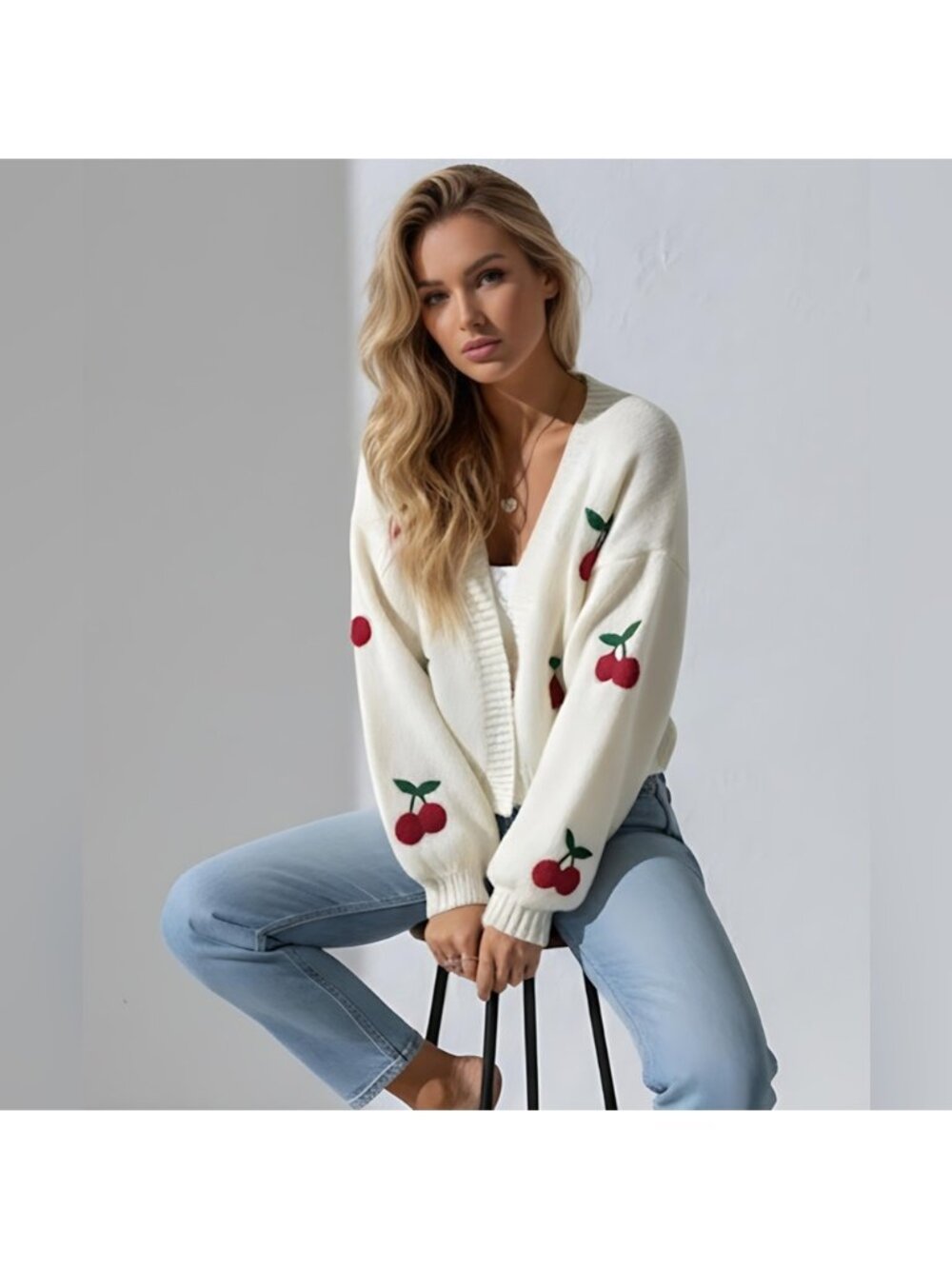Cherry Embroidery Lantern Sleeve Cardigan